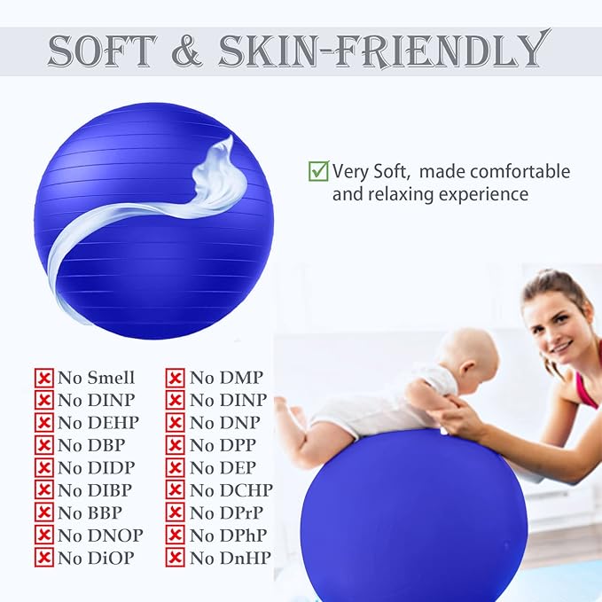 Soft Exercise ball, Anti-Burst Yoga Ball Chair Supports 2200lbs, Workout Equipment w/ Pump for Women Pregnancy, Medicine, Birthing, Physical Therapy, Stability, Excersing, Birth, Swiss, Fitness, Gym