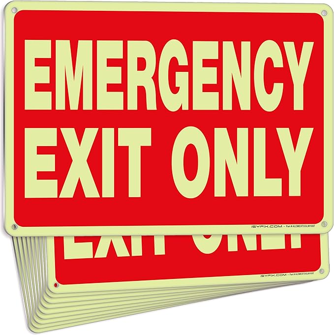 iSYFIX Emergency Exit Only Signs – 10 Pack 10x7 Inch – 100% Rust Free .040 Aluminum Signs, Glow in the Dark Laminated for Ultimate UV, Weather, Scratch, Water and Fade Resistance, Indoor and Outdoor