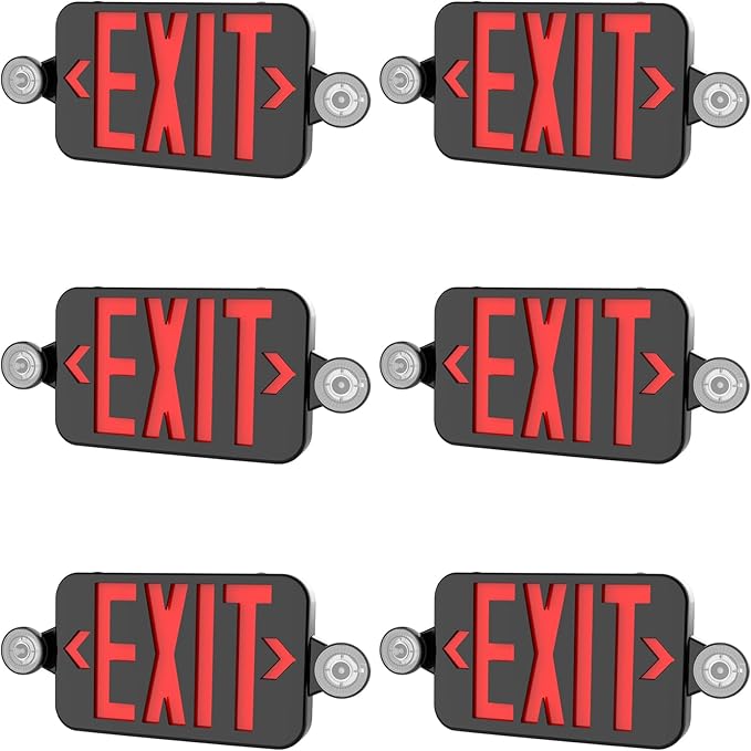 Black LED Exit Sign with Emergency Lights, Adjustable Two LED Head Exit Light with Battery Backup, UL Listed, AC 120/277V, Double Sided Hard Wired Commercial Emergency Light for Business (6 Pack)