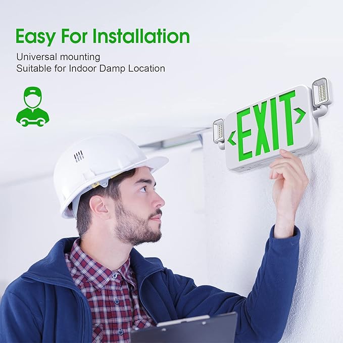 Led Combo Emergency Exit Sign Light with Two Adjustable Head Lights and Backup Battery,US Standard Green Letter Commercial Emergency Exit Lighting,UL 924,120/277V (4Pack)