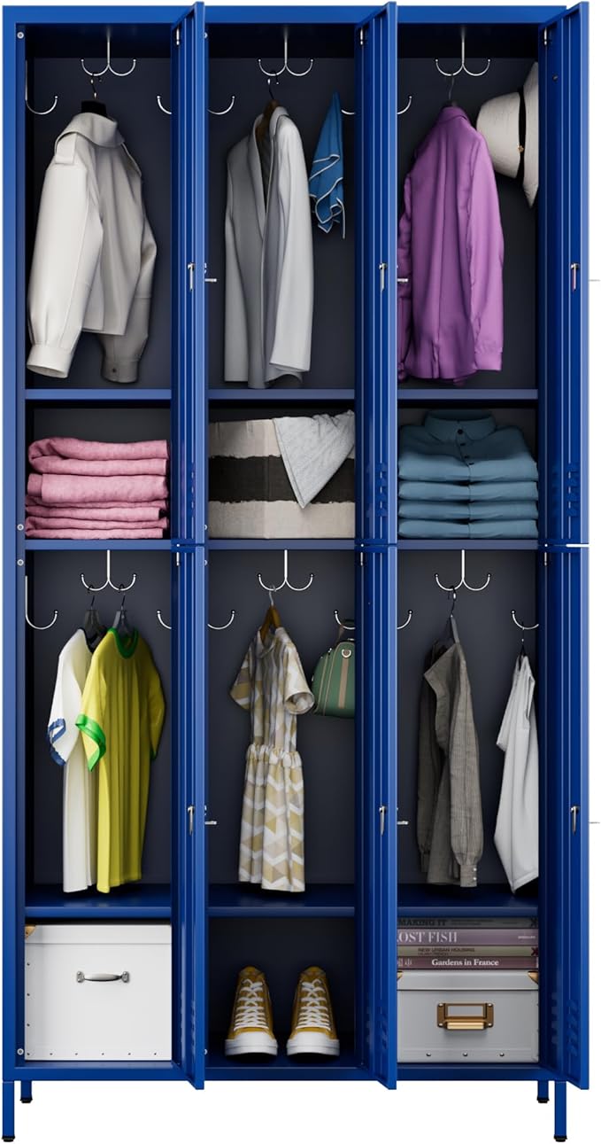 Metal Lockers for Employees with 6 Doors and 18 Hooks, 72”H Storage Locker with Card Slot for Office Gym School Bedroom, Blue, Assembly Required