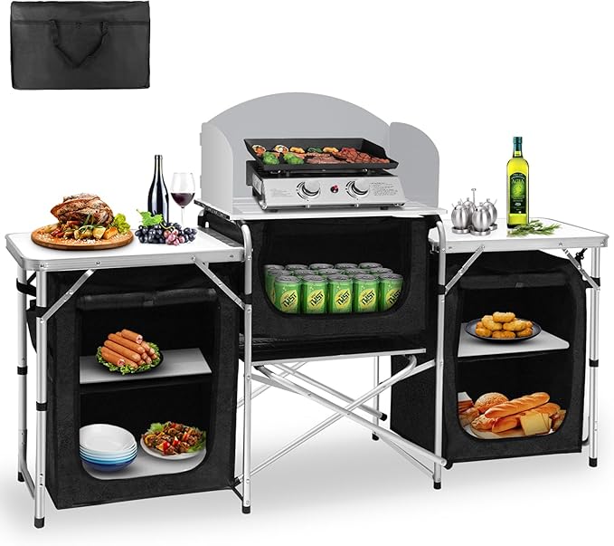 Seeutek Camping Kitchen Table, Aluminum Portable Outdoor Cooking Table Foldable Camp Table with Windscreen and 3 Storage Cupboards Multifunctional for BBQ, Party, Picnics & Outdoor Activities Black