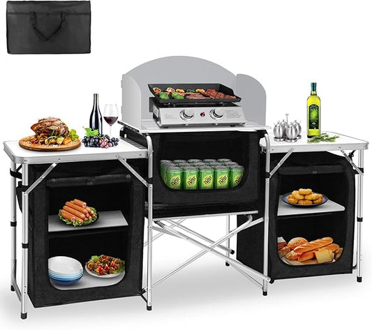 Seeutek Camping Kitchen Table, Aluminum Portable Outdoor Cooking Table Foldable Camp Table with Windscreen and 3 Storage Cupboards Multifunctional for BBQ, Party, Picnics & Outdoor Activities Black