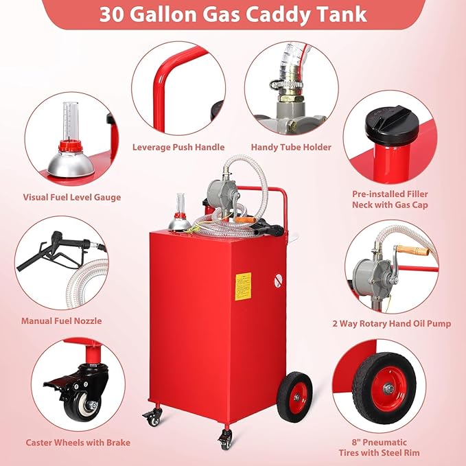 30 Gallon Fuel Caddy with Manual Pump,Portable Gasoline & Diesel Transfer Tank Heavy Duty Tank Gas with 4-Wheel for Cars,Boats
