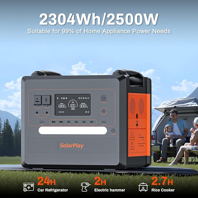 SolarPlay 2500W Portable Power Station, 2304Wh Large Capacity Solar Generator with 400W Solar Panel, Power Supply BMS Emergency Power Station for Home Backup, Camping, Outdoor Battery Backup
