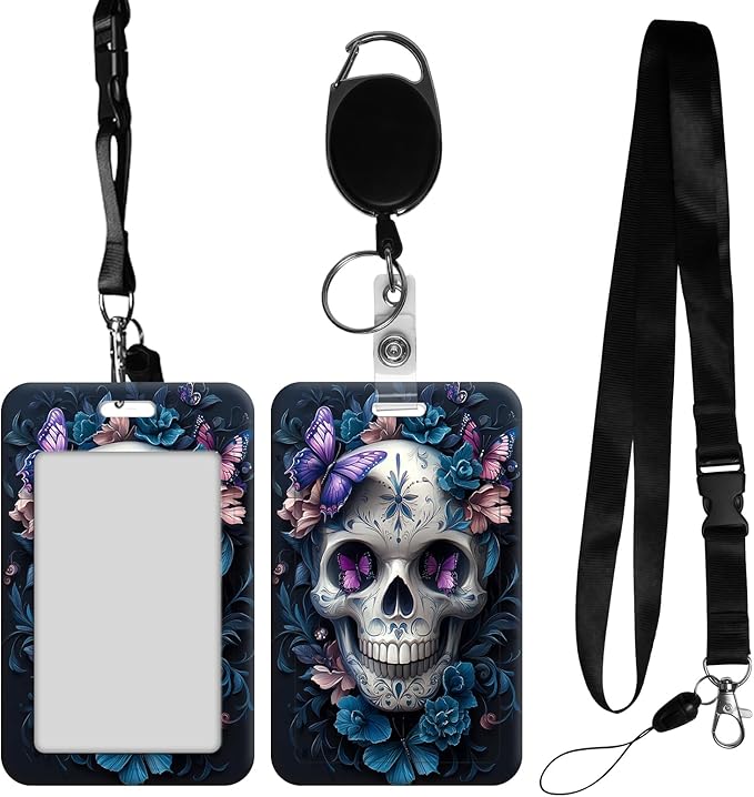ID Badge Holder with Retractable Lanyard for Women & Men,Vertical ID Card Holder Wallet,Clear Window&Card Slot,Detachable Neck Strap for Nurse Teacher Office,Butterfly Sugar Skull