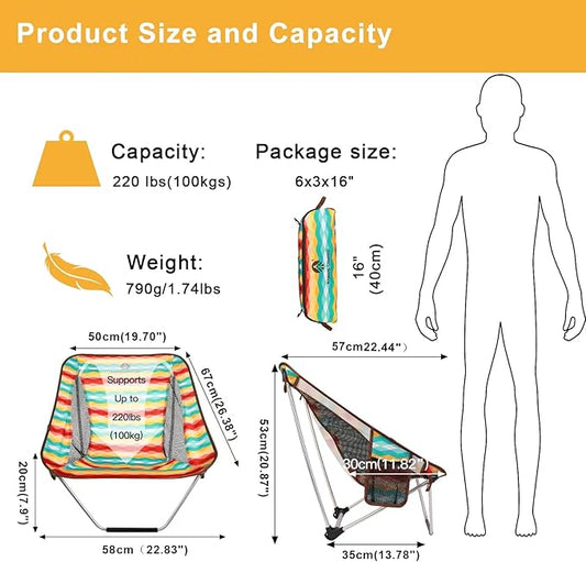 Ultralight Folding Camping Chair Low Lightweight Foldable Camp Chairs with Carry Bag for Hiking, Backpacking, Picnic, Outdoor Concert, Sports Events, Beach