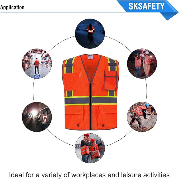 SKSAFETY 10 Pockets Safety Vest, Class 2 High Visibility Security with Zipper Double-sided mesh, Hi Vis Vest with Reflective Strips, ANSI/ISEA Standard, Construction Work Vest （Orange, 5XL）