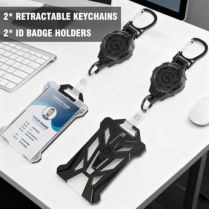 Badge Holder Retractable Clip - Heavy Duty Carabiner Badge Reel Keychain with 39" Steel Cord, ID Badge Holders with Lanyard for Office, Work, School, Construction, Recreation, 2 Pack