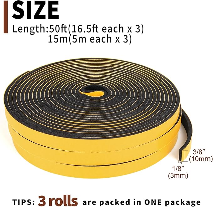 Yotache Foam Seal Tape 3 Rolls 3/8" W X 1/8" T (New Adhesive Craft), High Density Adhesive Foam Weather Stripping Seal for Door and Window, 50 Ft Length (3 X 16.5 Ft Each)