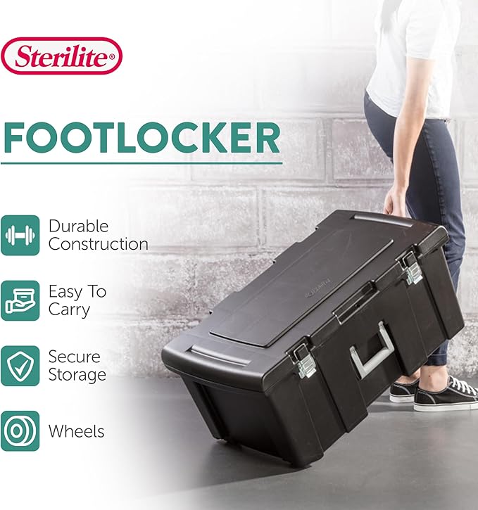 Sterilite 4-Pack Footlocker, Lockable Plastic Utility Storage Container Box, Black - Heavy-Duty Organizing Containers for Home, Garage, Office, and Basement