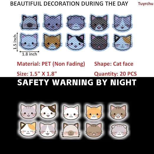 Reflective Stickers 20 Pcs, Outdoor Waterproof High Visibility Warning Safety Adhesive Reflector (1.5" X 1.8", Cat face)