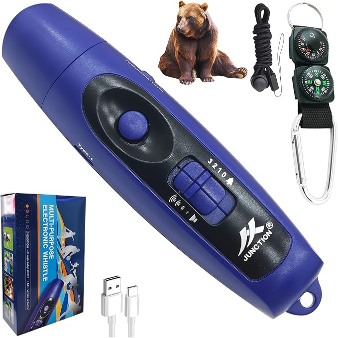 Rechargeable Bear Horn to Scare Bears, 125dB Electronic Air Horn with LED Flashlight & Compass & Thermometer, Electronic Whistle Bear Bells for Safety Hiking Camping Emergency Self Defense
