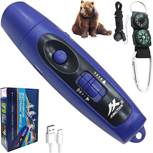 Rechargeable Bear Horn to Scare Bears, 125dB Electronic Air Horn with LED Flashlight & Compass & Thermometer, Electronic Whistle Bear Bells for Safety Hiking Camping Emergency Self Defense
