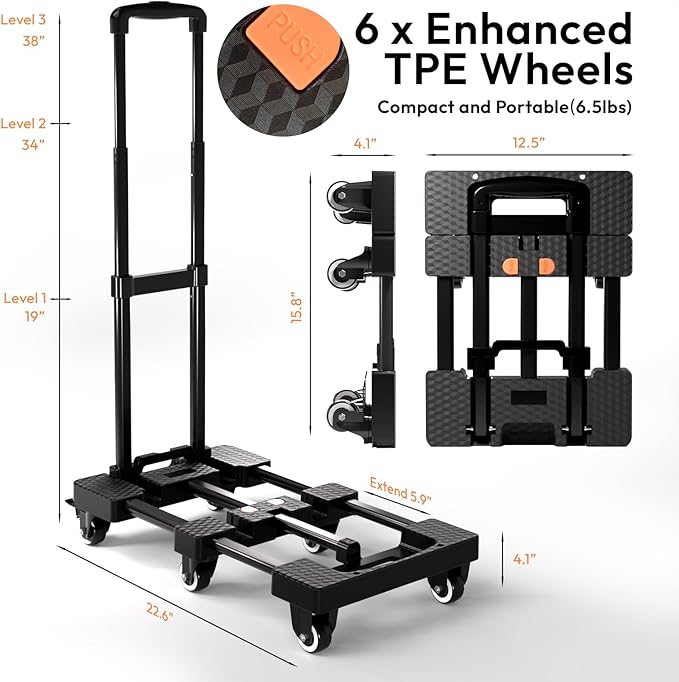Folding Hand Truck 500lbs, Portable Heavy Duty Dolly Cart, 6 Wheels Collapsible Luggage Cart with 2 Elastic Ropes - Compact Trolley Cart for Easy Moving - Ideal Hand Cart for Travel and More