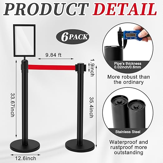 Therwen 6 Pack Heavy Duty Crowd Control Stanchions 9.8 ft Stainless Steel Stanchion Set with Safety Barrier Post Retractable Belt and Sign Holder Crowd Control Barrier(Red Belt, Black)