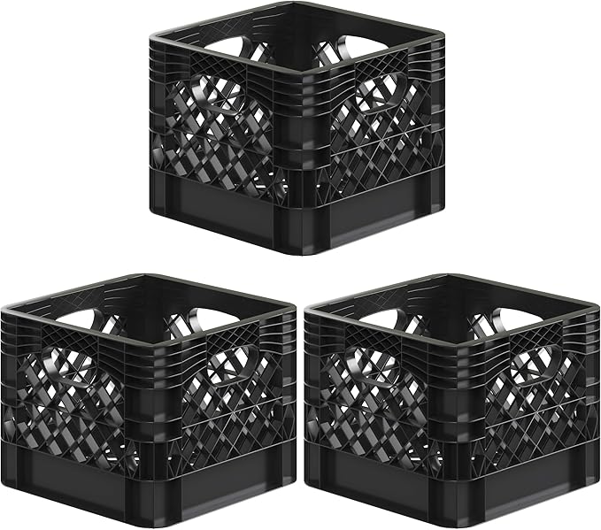 13 in. x 13 in. x 11 in. Heavy-Duty Black 16 Qt Milk Crate | 3 Pack | Stackable Storage Container with Handles