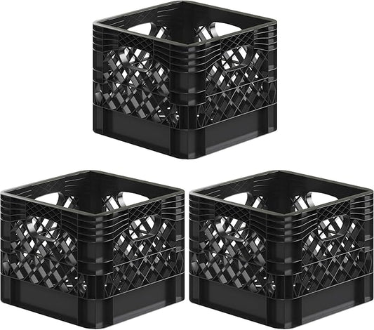 13 in. x 13 in. x 11 in. Heavy-Duty Black 16 Qt Milk Crate | 3 Pack | Stackable Storage Container with Handles