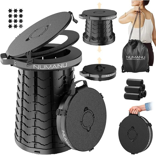 NUMANU 19.7" XXL 3IN1 Portable Toilet, Stool, Trash Can | Adjustable Height Portable Potty, Foldable Travel Toilet with Lid & Waste Bags, Outdoor Travel Potty, Pop Up Camping Toilet for Adults & Kids
