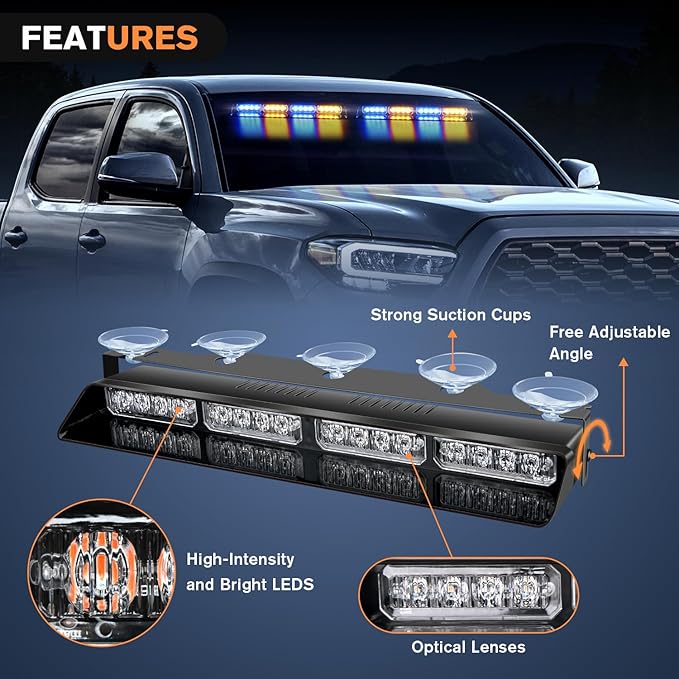 Nilight 32LED Amber Blue Emergency Dash Strobe Lights with Controller Suction Cups Warning Hazard Interior Front/Rear Windshield Deck Split Light Bar for Trucks Construction Vehicles