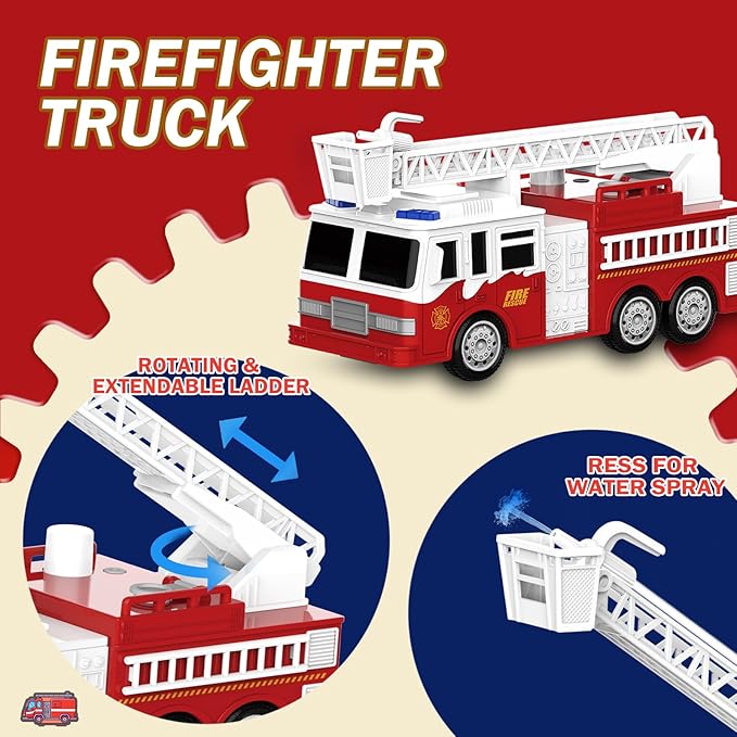 EPPO 4 Packs Fire Truck Toy, Ambulance, Police Car, and Helicopter, Emergency Vehicle Truck Toy Set with Lights and Sounds, Friction Powered Car Toy for Toddler Boys 3 4 5 6 Years Old