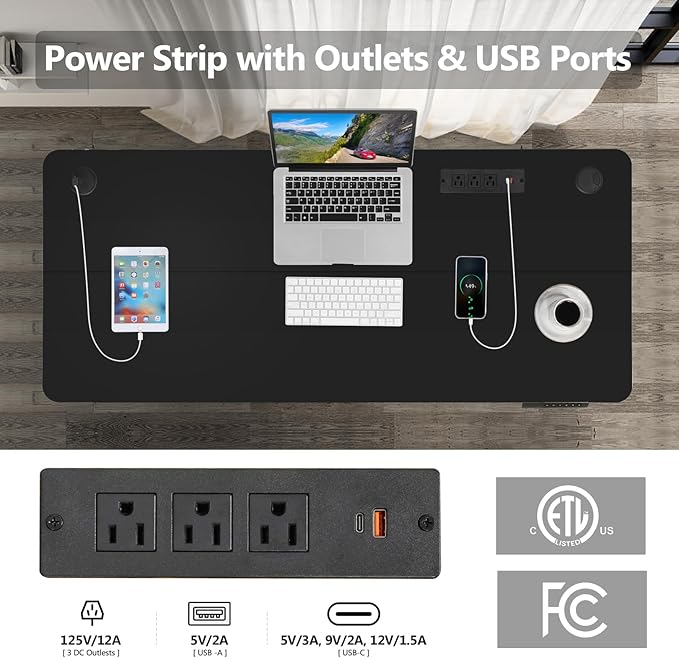 Electric Standing Desk, 55x24in Adjustable Height Computer Desk with Wheels, Sit-Stand Desk with Charging Station, 2 USB Ports, 3 Power Outlets, Spacious Workstation for Home Office(Black)