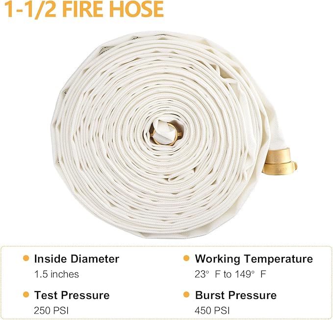 Fire Hose,1-1/2" ID X 100 FT, Single Jacket TPU, 450 PSI Burst Pressure, Industrial Fire Hose with NST/NH Brass Couplings for Indoor Use