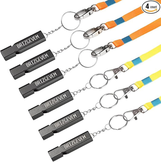 Survival Whistles 4-Pack & 6-Pack, Aluminum Emergency Safety Whistle with Lanyard and Keychain, Waterproof & Unbreakable for Hiking, Camping, Dog Training, Coaching, Emergency Kits