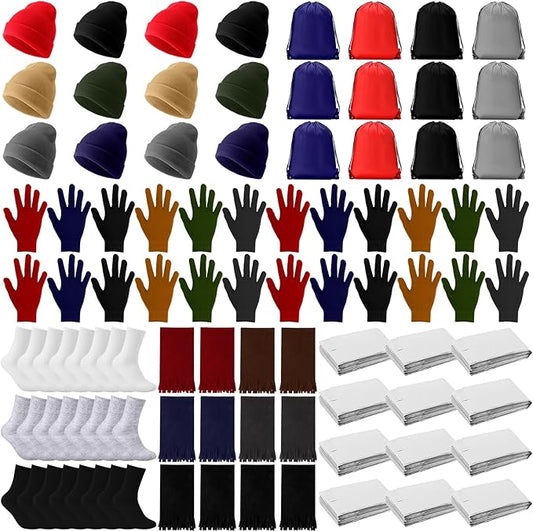 Suhine 72 Pcs Homeless Care Package Supplies Bulk Winter Emergency Blanket Glove Beanies Scarves Sock Drawstring Bag Unisex