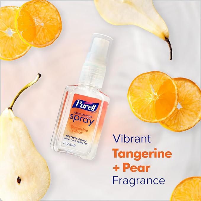 PURELL Hand Sanitizer Spray, Infused with Essential Oils, Tangerine and Pear Scent, 2 fl oz Travel-Size Pump Bottle (Pack of 6) – 2025-04-EC
