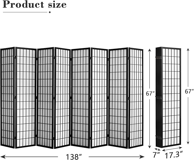 WelFurGeer 8 Panel Shoji Screen Room Divider, Folding Privacy Screens, Room Partitions and Dividers, Decorative Room Dividers, Wall Dividers for Room Separation, Japanese Room Divider for Home (Black)