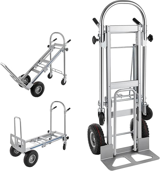 3in1 Aluminum Hand Truck,Convertible Hand Truck Dolly Large Size 1000 lb Capacity, Utility Cart Converts from Hand Truck to Platform Cart with 10" Hi Tech Rubber Wheels