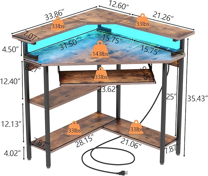Auromie Corner Desk with Charging Station & LED Light, Triangle Corner Desk with Monitor Stand & Keyboard Tray for Small Space, Gaming Computer Desk with Storage Shelves for Home Office (Rustic)