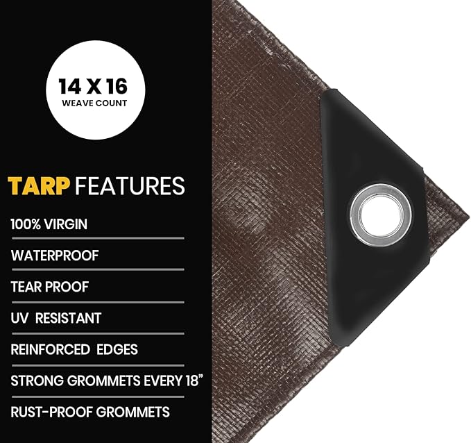 PROTARP Extra Heavy Duty 16 Mil Tarp Cover, Waterproof, UV Resistant, Rip and Tear Proof, Poly Tarpaulin with Reinforced Edges for Roof, Camping, Patio, Pool, Boat. (Brown/Black 12′ X 16′)