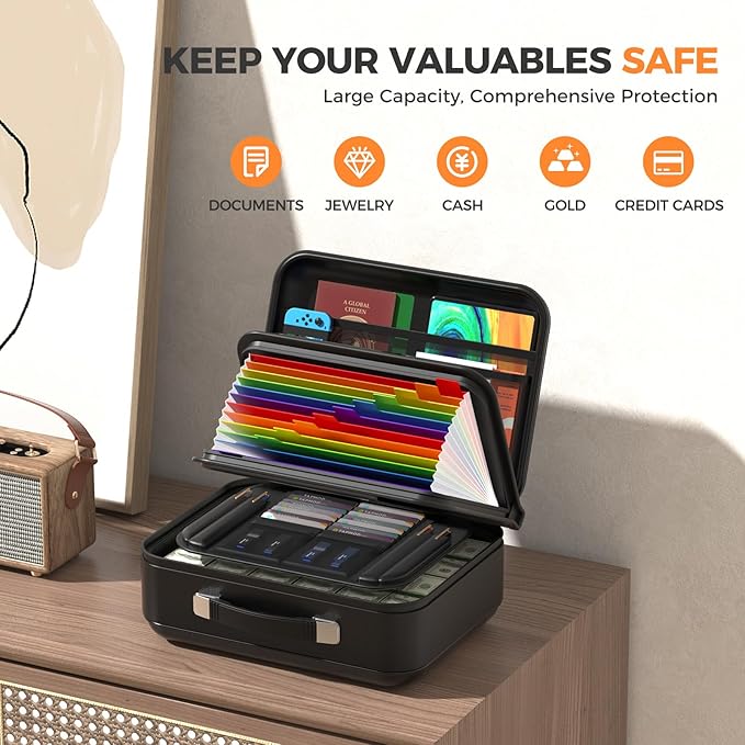 Fireproof Document Box with Combination Lock - Fire & Water Resistant Hard Case Safe Box for Important Documents, Certificates, Laptops, Passports (Black)
