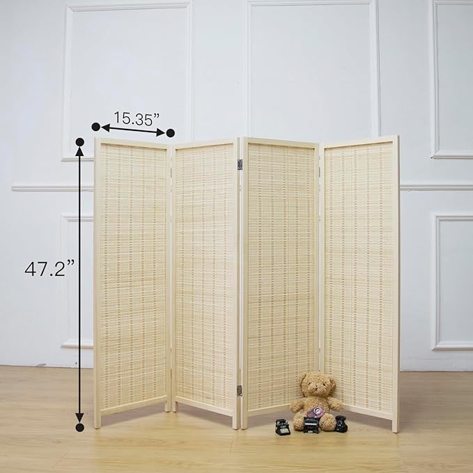 4 Panel Room Divider Short Folding Screen Divider,Double Sided Bamboo Divider Screen for Room Separation,Beige,47.2" H x 61.4" W