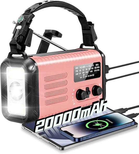 Emergency Crank Radio, 20000mAh / 74000mWh Solar Hand Crank Weather Radio with NOAA/AM/FM, Battery Powered Radio with Cell Phone Charger, Reading Lamp, Flashlight & SOS for Emergencies/Home (Pink)