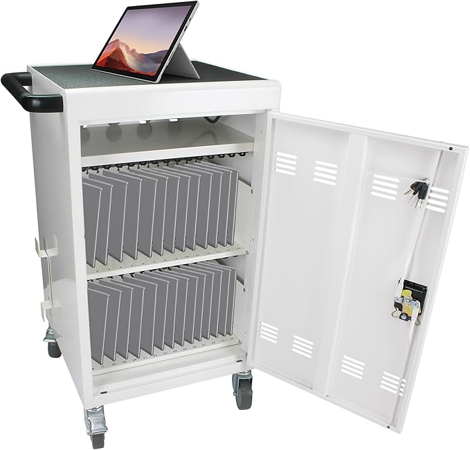 30-Device Mobile Charging Cart with Charging Power Strip and Front and Rear Access Locks, Cable Management, Up to 17"", Safe Charging Cabinet for Ipads, Chromebooks, Tablets, Laptops White