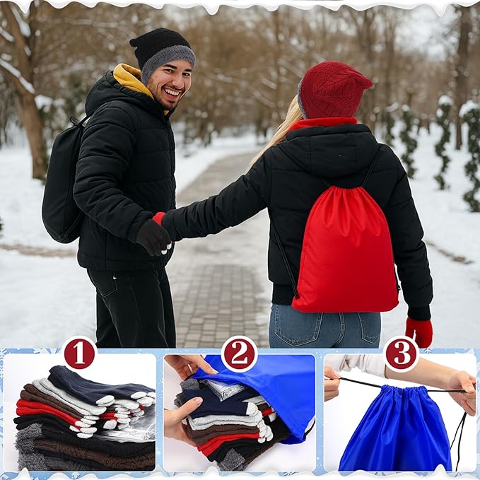 Geyoga 120 Pcs Charity Donation Homeless Care Supplies Bulk Winter Beanie Emergency Blanket Touchscreen Glove Drawstring Bags