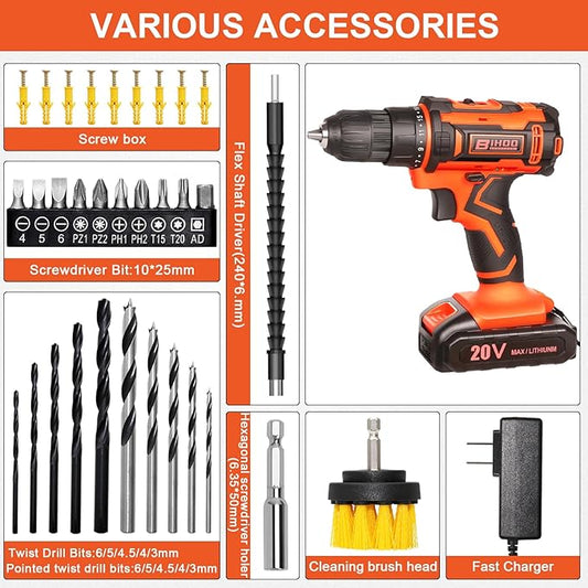 20v Drill Driver Set,Cordless Drill with Battery and Charger,LED Tools Kit,25+1 Torque Setting and 43pcs Drill Bits