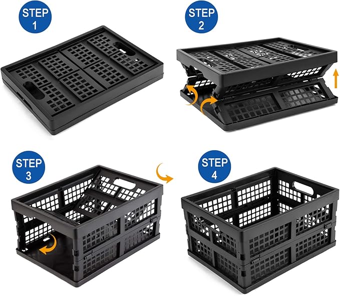 16L Plastic Collapsible Storage Crates,Folding Crates Storage,Pack of 4,Black