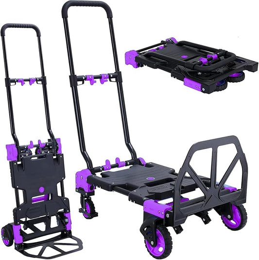 2-in-1 Folding Hand Truck Dolly 330LB Load Carrying, Hand Truck Foldable Dolly with Retractable Handle and 4 Rubber Wheels, Portable Folding Hand Cart for Moving/Travel/Office (Purple)
