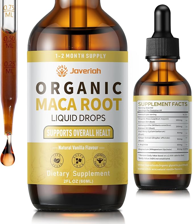 Organic Maca Root Liquid Drops with Ashwagandha,Goji Berry,Ginger,Magnesium and L-Arginine for Women and Men,Ashwagandha Maca Root Supplements Tincture 2 Fl Oz