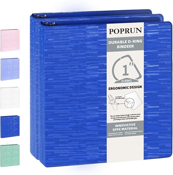 POPRUN 3 D Ring Binder 1 Inch, PVC-Free, Holds 225 Sheets of 8.5 x 11 Paper, Extra Durable Organizer with 2 Pockets for School & Office, Heavy-Duty, 2 Pack, Prussian Blue