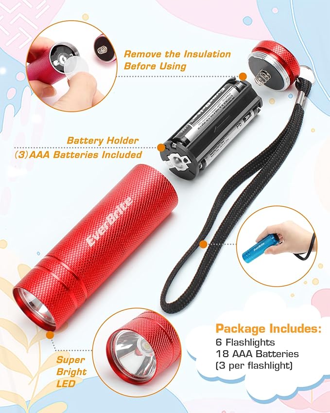 EverBrite 6-Pack Mini Flashlight Set, Aluminum LED Handheld Torches with Lanyard, Assorted Colors, 18 AAA Batteries Included for Emergency, Camping, Power Outage, Bulk Holiday Gifts