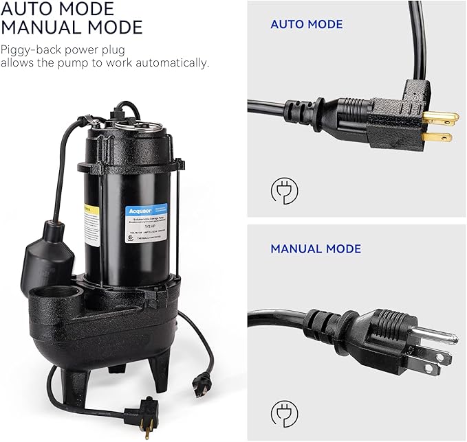 Acquaer 1/2HP Submersible Sewage/Effluent Pump, 6000 GPH, Cast Iron, Automatic Tethered Float Switch, 115V Sump Pump for Sump Basin, Residential Sewage, Basement, 2'' NPT Discharge