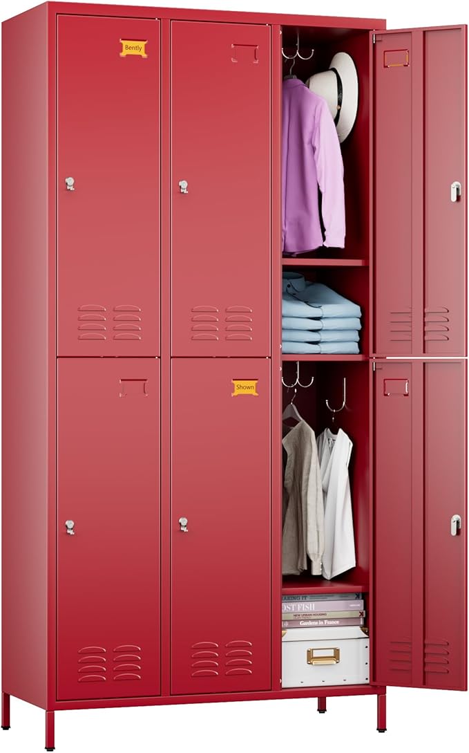 Metal Lockers for Employees with 6 Doors and 18 Hooks, 72”H Storage Locker with Card Slot for Office Gym School Bedroom, Red, Assembly Required