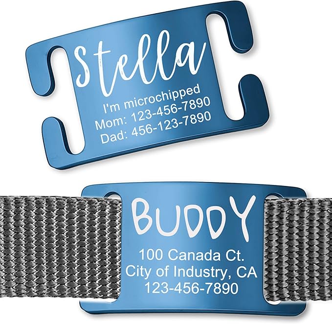 Anavia Slide On Silent Pet ID Tags, S/M/L/XL Personalized Gold Black Stainless Steel Customized Engraved Cat Dog Name Tags, Glossy Finish Chew-Proof Quiet Dog Collar Tag (Blue, X-Large)