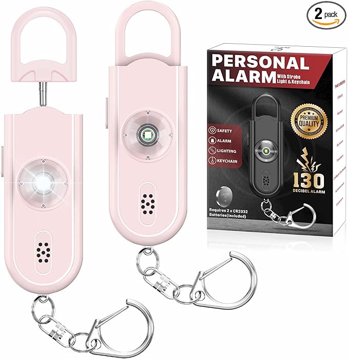 Personal Safety Alarm Keychain for Women 2PCS -130 dB Loud Siren with SOS Strobe Light, Flashlight, Double Speakers, Safe Defense Key Chain for Girls Kids Elders Emergency Call
