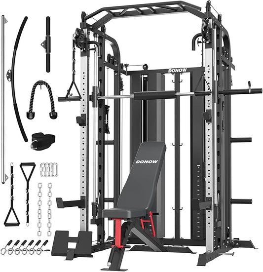 DONOW Smith Machine with Weight Stacks, Multi Function Home Gym System Training Power Cage Squat Rack Dual Cable Crossover Machine All in One